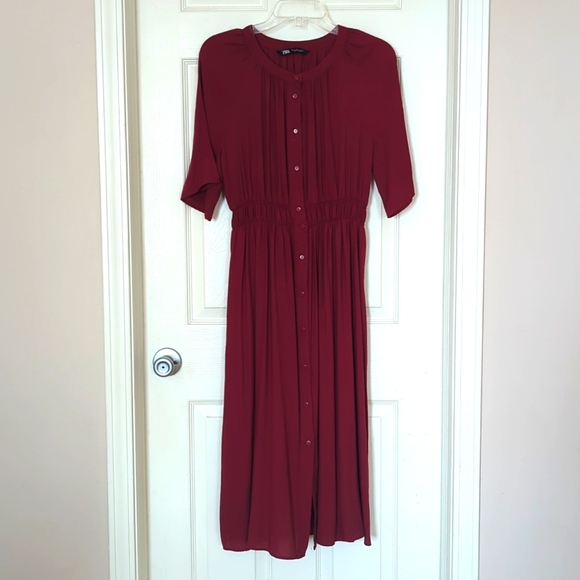 ZARA CRANBERRY BUTTON FRONT ACCENT WAIST DRESS SMALL - Picture 2 of 13